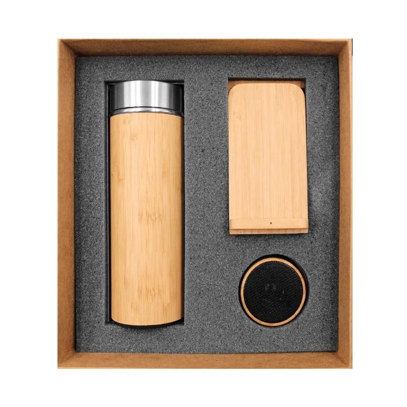 WGS-22 - Natural Cardboard Gift Box With  Bamboo Flask, Wireless Charger Stand & Bluetooth Speaker